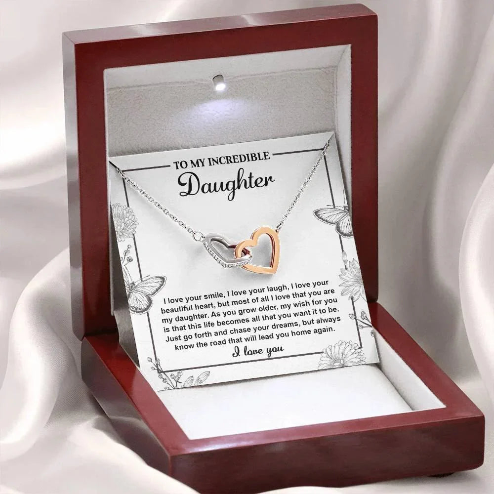 Gift for Daughter with Inspirational Message -I Love Your Smile - Lead You Home Interlocking Hearts Necklace