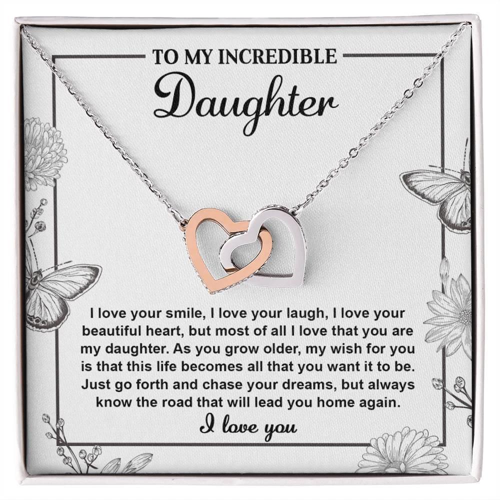 Gift for Daughter with Inspirational Message -I Love Your Smile - Lead You Home Interlocking Hearts Necklace