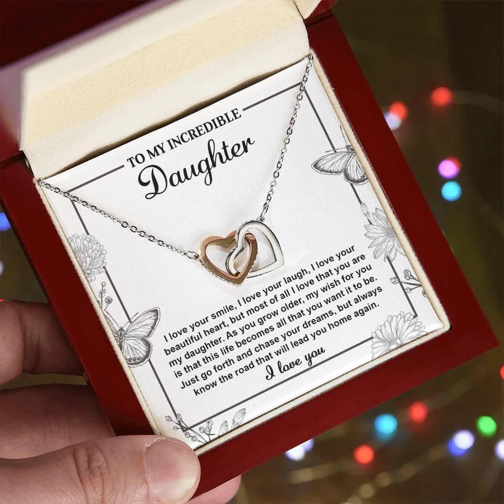 Gift for Daughter with Inspirational Message -I Love Your Smile - Lead You Home Interlocking Hearts Necklace