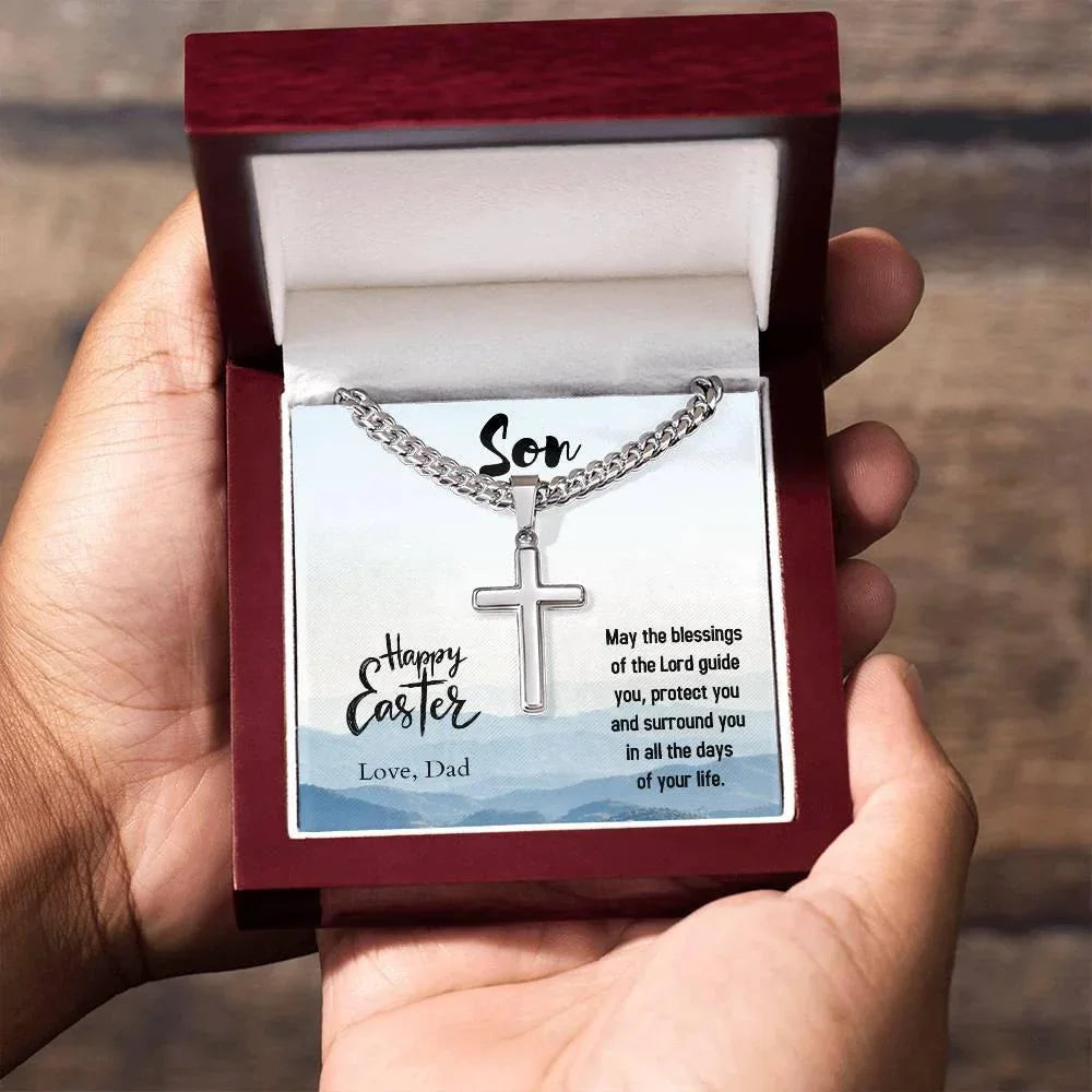 Gift for Son - Happy Easter May the Blessings of the Lord Guide You Personalized Engraved Cross Necklace