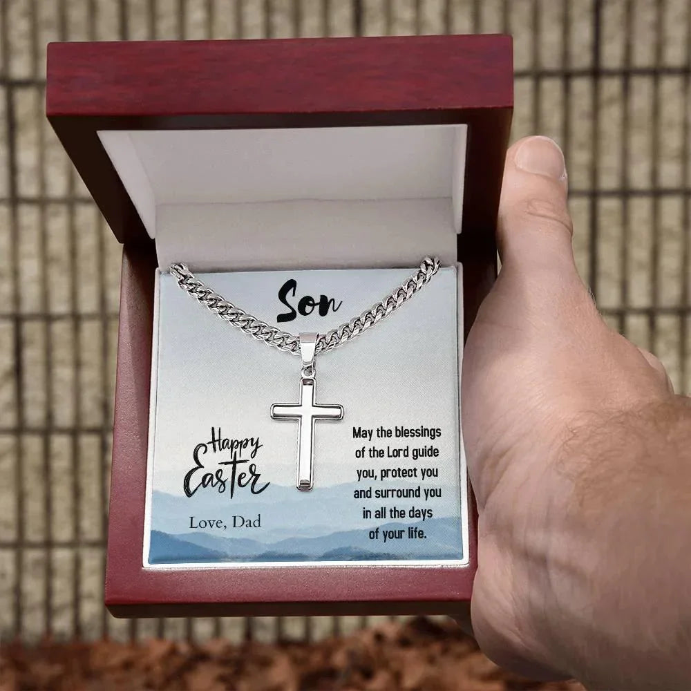 Gift for Son - Happy Easter May the Blessings of the Lord Guide You Personalized Engraved Cross Necklace
