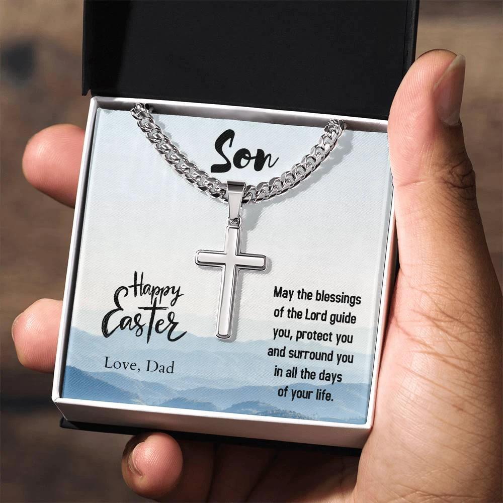 Gift for Son - Happy Easter May the Blessings of the Lord Guide You Personalized Engraved Cross Necklace