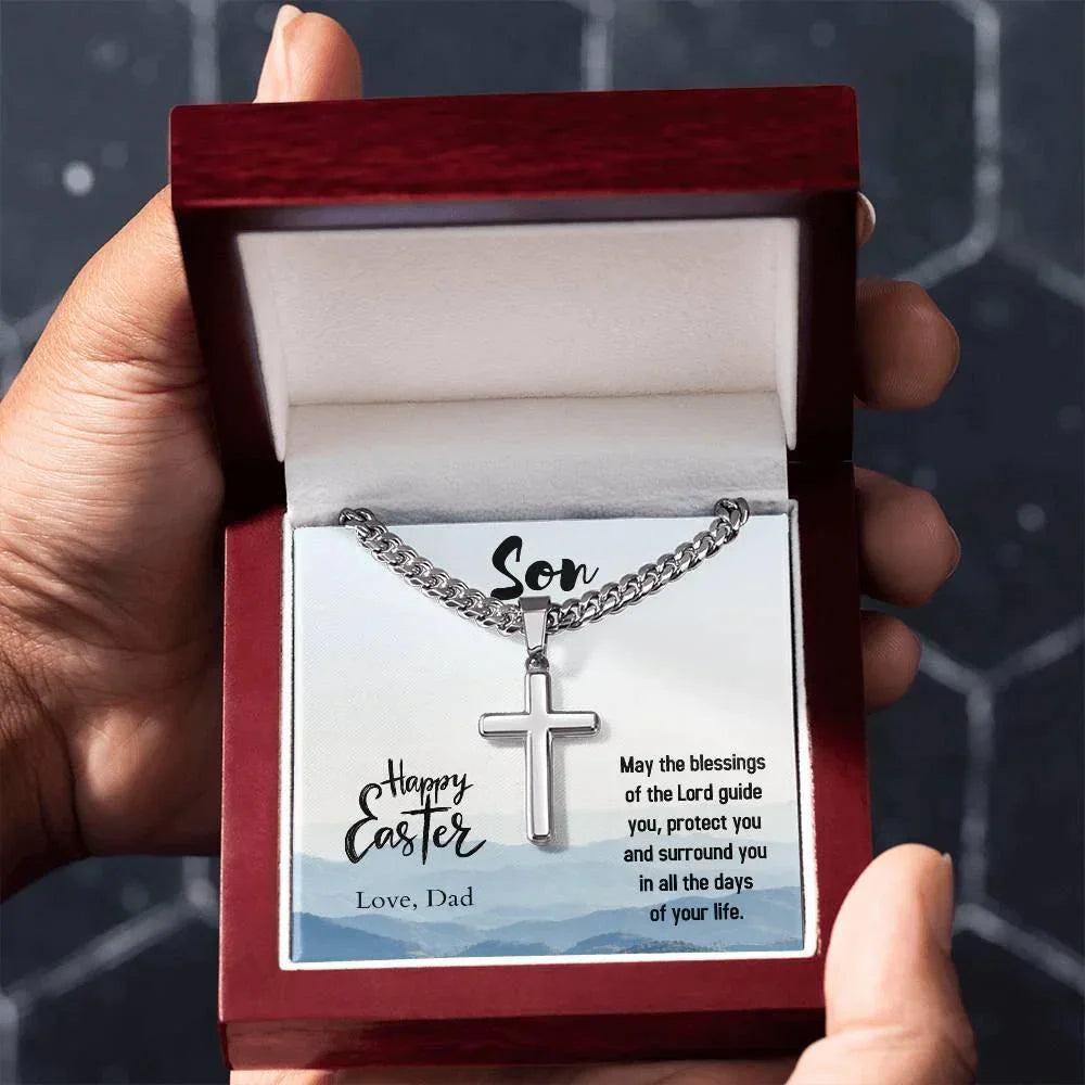 Gift for Son - Happy Easter May the Blessings of the Lord Guide You Personalized Engraved Cross Necklace