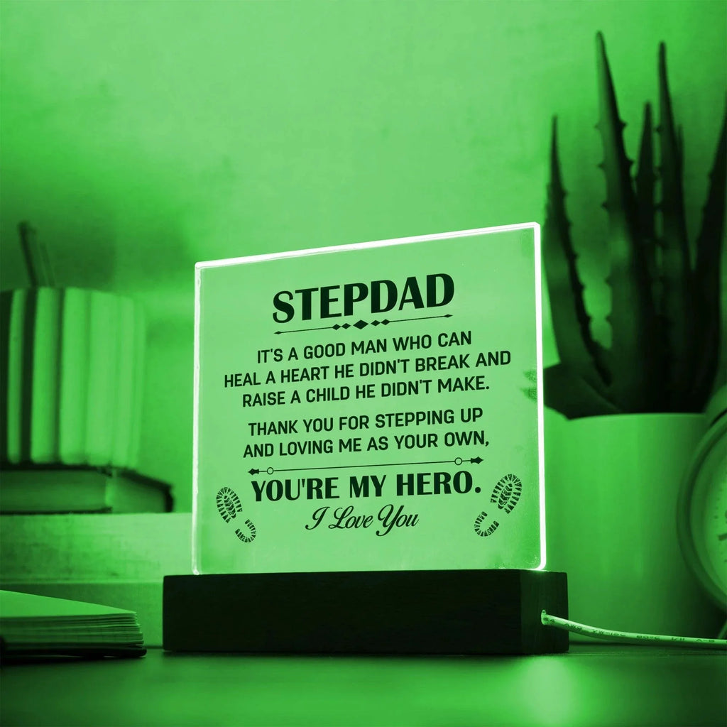 Stepdad Acrylic Plaque -You're My Hero– Personalized LED Light Gift for Bonus Dad | Father's Day, Christmas, or Birthday Keepsake