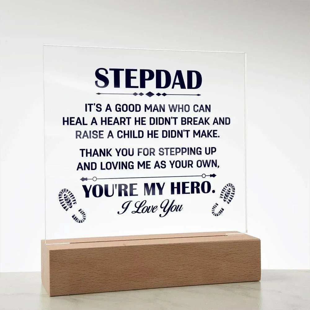 Stepdad Acrylic Plaque -You're My Hero– Personalized LED Light Gift for Bonus Dad | Father's Day, Christmas, or Birthday Keepsake