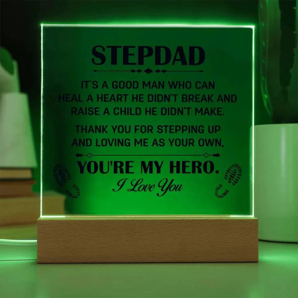 Stepdad Acrylic Plaque -You're My Hero– Personalized LED Light Gift for Bonus Dad | Father's Day, Christmas, or Birthday Keepsake