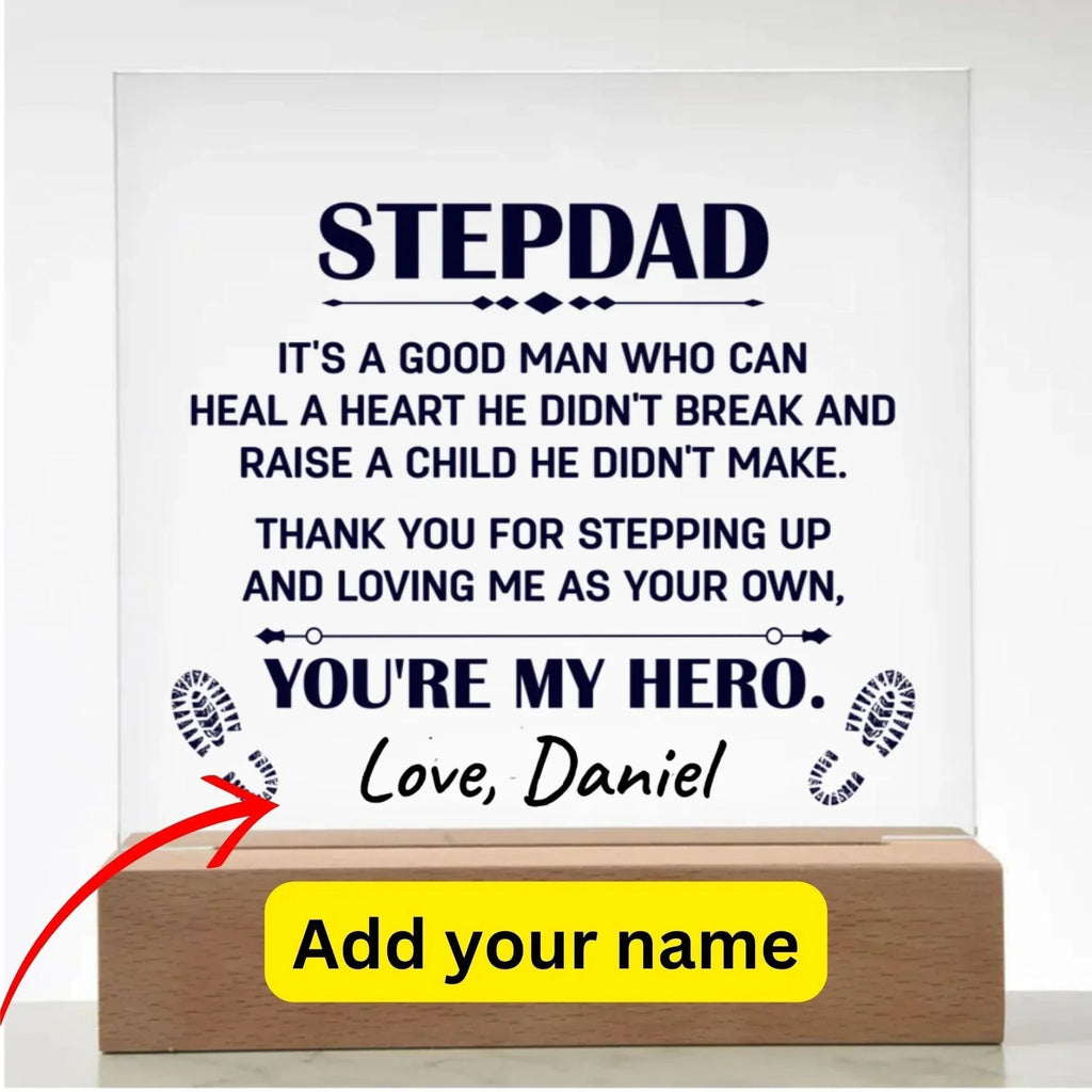 Stepdad Acrylic Plaque -You're My Hero– Personalized LED Light Gift for Bonus Dad | Father's Day, Christmas, or Birthday Keepsake