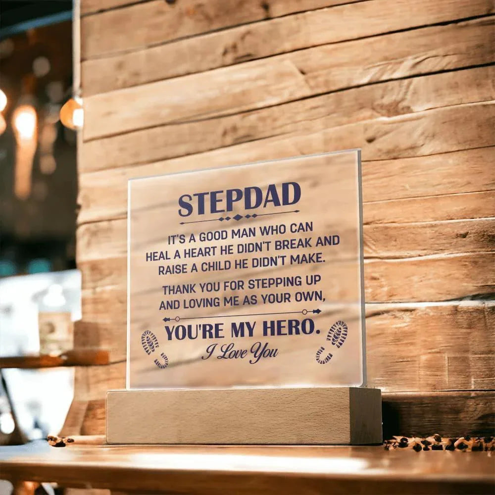 Stepdad Acrylic Plaque -You're My Hero– Personalized LED Light Gift for Bonus Dad | Father's Day, Christmas, or Birthday Keepsake