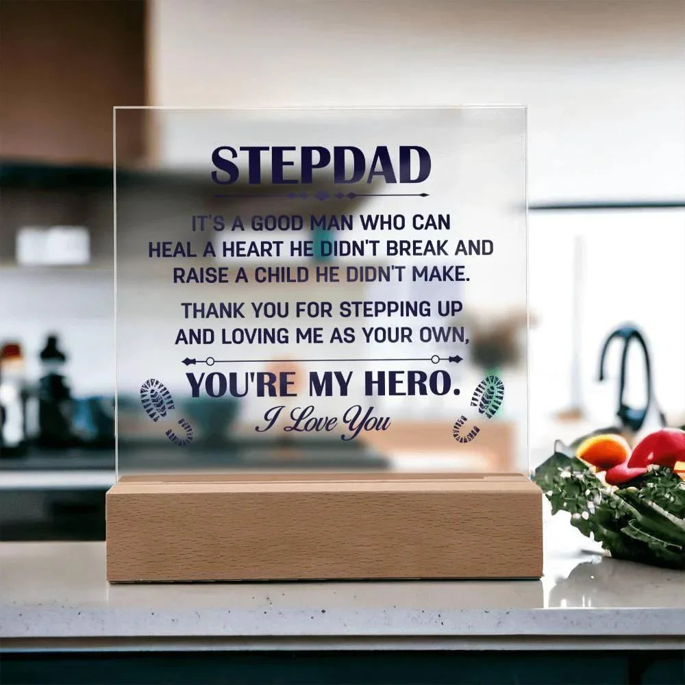 Stepdad Acrylic Plaque -You're My Hero– Personalized LED Light Gift for Bonus Dad | Father's Day, Christmas, or Birthday Keepsake