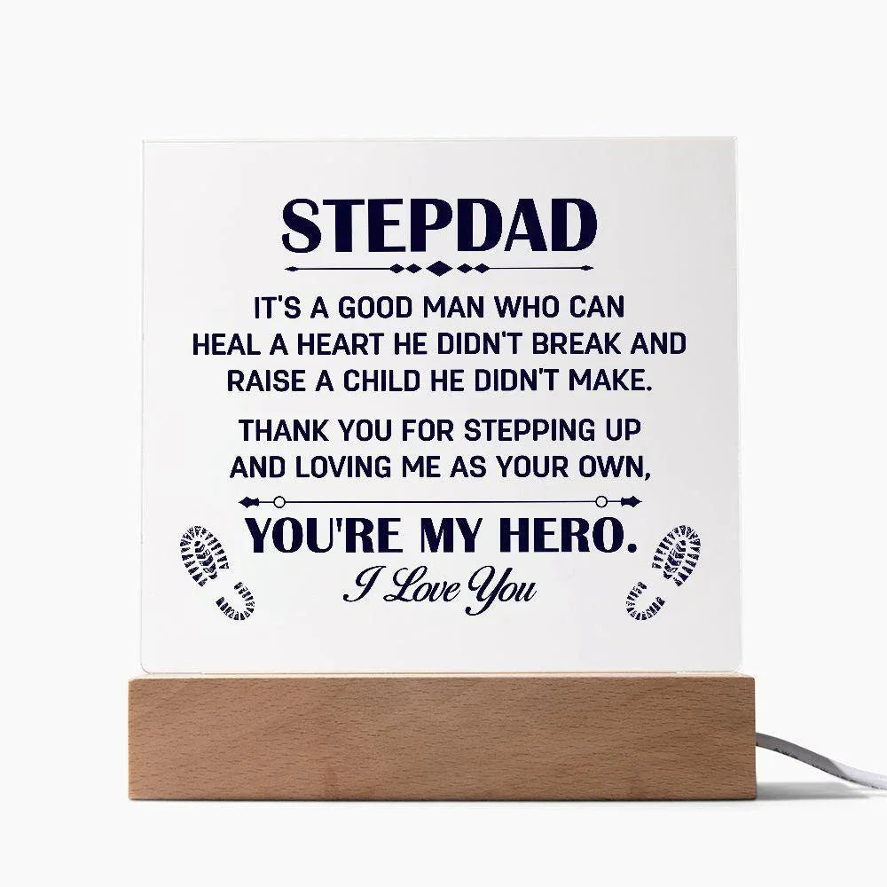 Stepdad Acrylic Plaque -You're My Hero– Personalized LED Light Gift for Bonus Dad | Father's Day, Christmas, or Birthday Keepsake