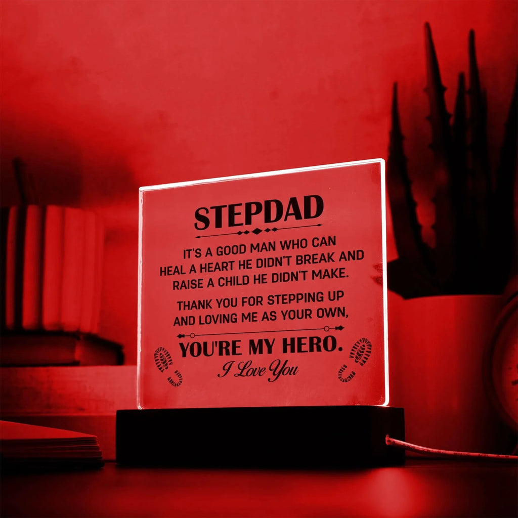 Stepdad Acrylic Plaque -You're My Hero– Personalized LED Light Gift for Bonus Dad | Father's Day, Christmas, or Birthday Keepsake