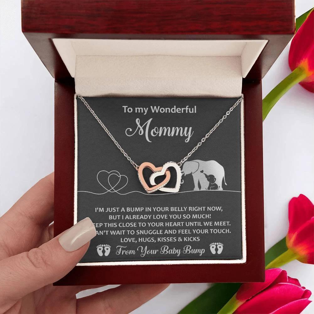 Gift for the Expectant Mom Love, Kisses and Kicks from the Baby Bump Until We Meet Interlocking Hearts Necklace
