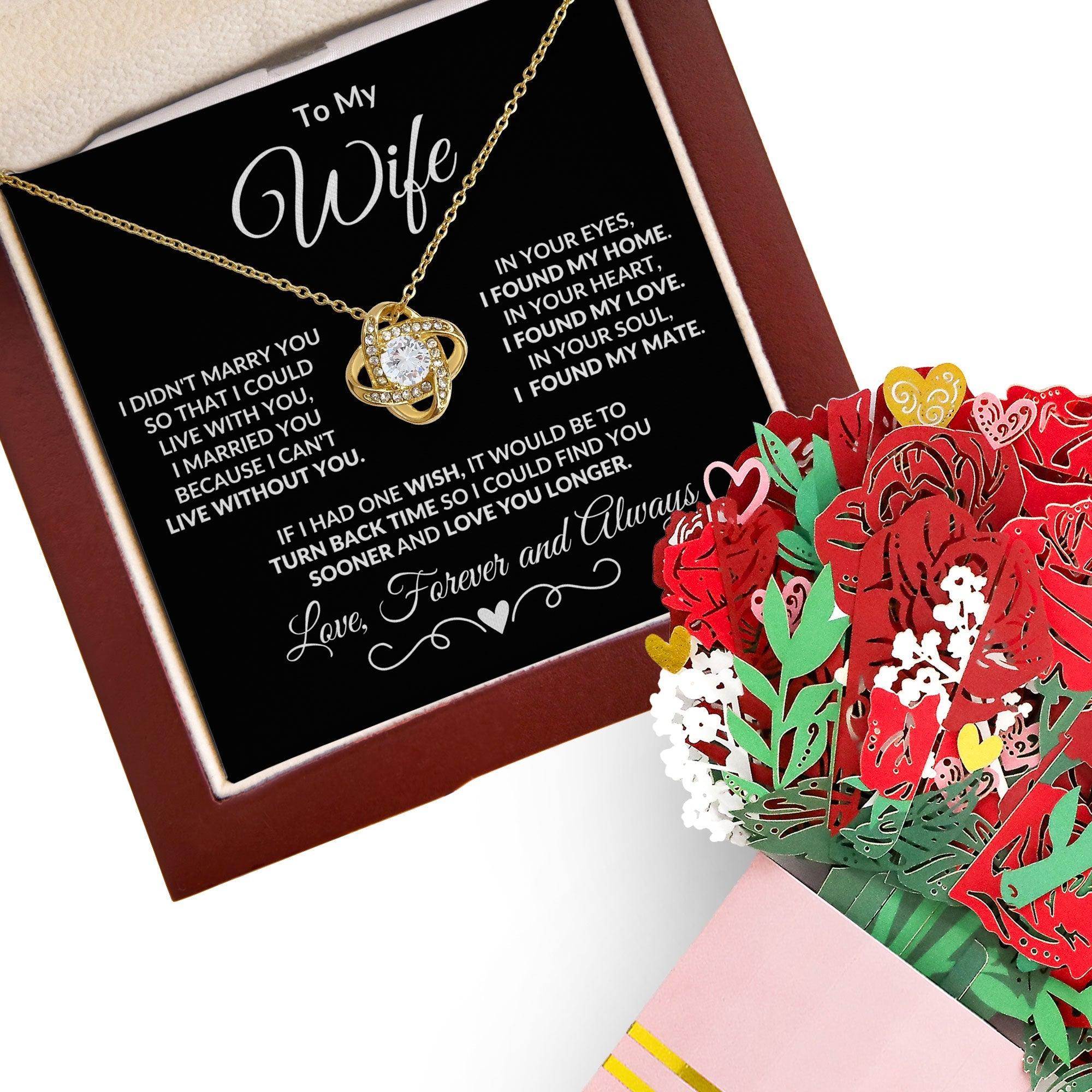 Gift for Wife I Can't Live without You - I Found My Mate Custom Love Knot Necklace with Flower Bouquet - Mallard Moon Gift Shop