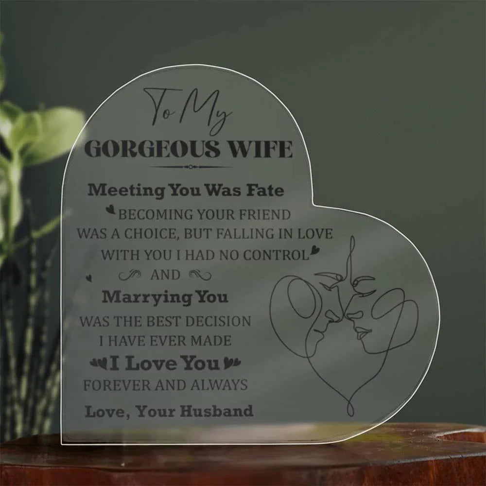 Heart-Shaped Acrylic Plaque for Wife - "Meeting You Was Fate" Romantic Gift for Valentine's Day, Anniversary, or Birthday