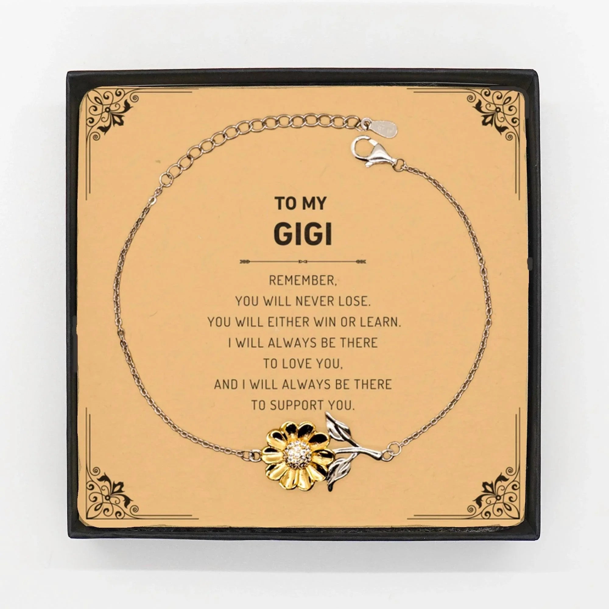 Gigi Gifts, To My Gigi Remember, you will never lose. You will either WIN or LEARN, Keepsake Sunflower Bracelet For Gigi Card, Birthday Christmas Gifts Ideas