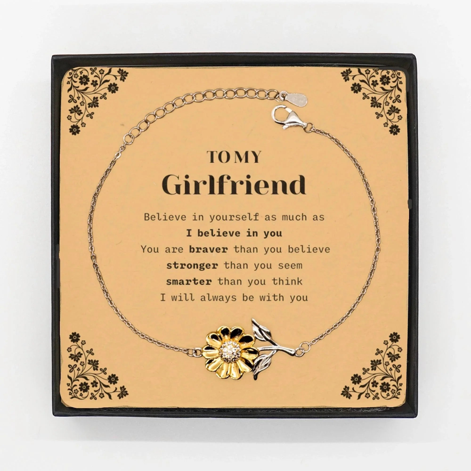 Girlfriend Sunflower Bracelet Gifts, To My Girlfriend You are braver than you believe, stronger than you seem, Inspirational Gifts For Girlfriend Card, Birthday, Christmas Gifts For Girlfriend Men Women