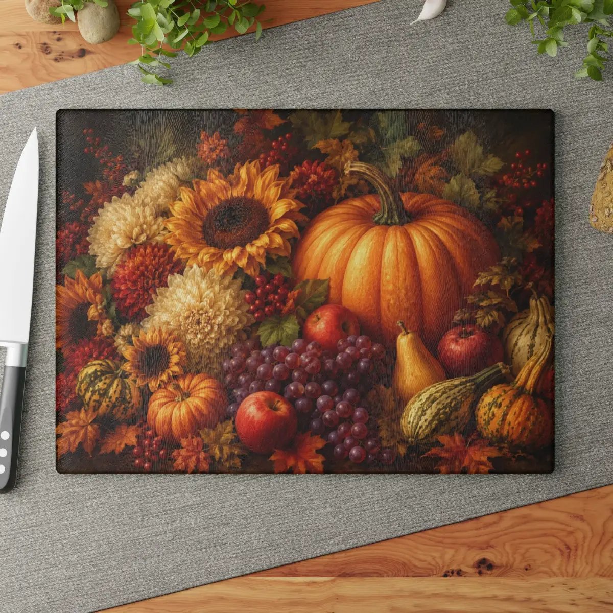 Fall Glass Cutting Board, Pumpkin Sunflower Kitchen Decor, Autumn Harvest Cutting Board, Thanksgiving Kitchen Gift