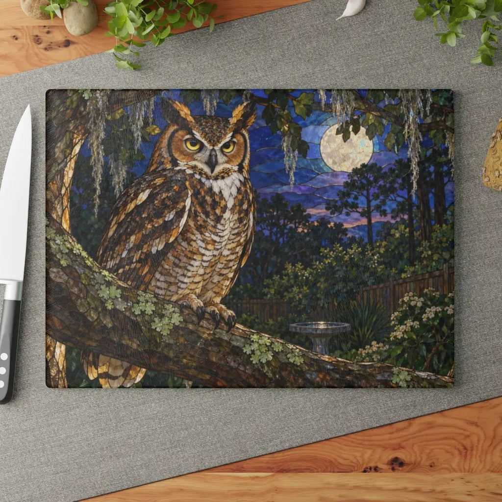 Great Horned Owl Glass Cutting Board, Owl Kitchen Decor, Backyard Bird Lover Gift, Birdwatcher Gift, Woodland Serving Board