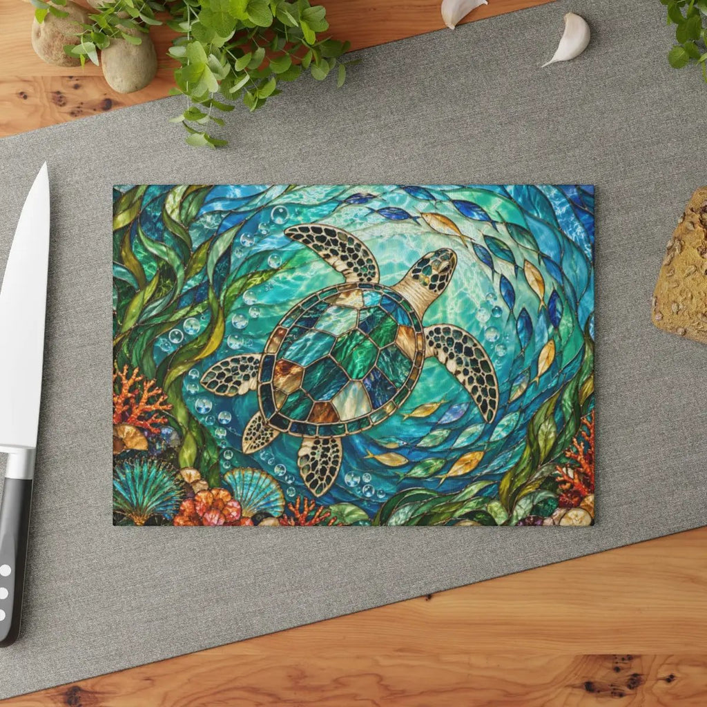 Sea Turtle Glass Cutting Board, Ocean Kitchen Decor, Coastal Serving Board, Underwater Sea Life Chopping Board, Beach House Gift Idea