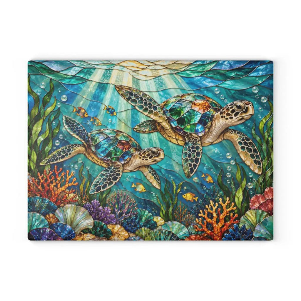 Sea Turtle Glass Cutting Board, Ocean Kitchen Decor, Coastal Chopping Board, Underwater Sea Life Gift, Marine Turtle Kitchen Art Piece