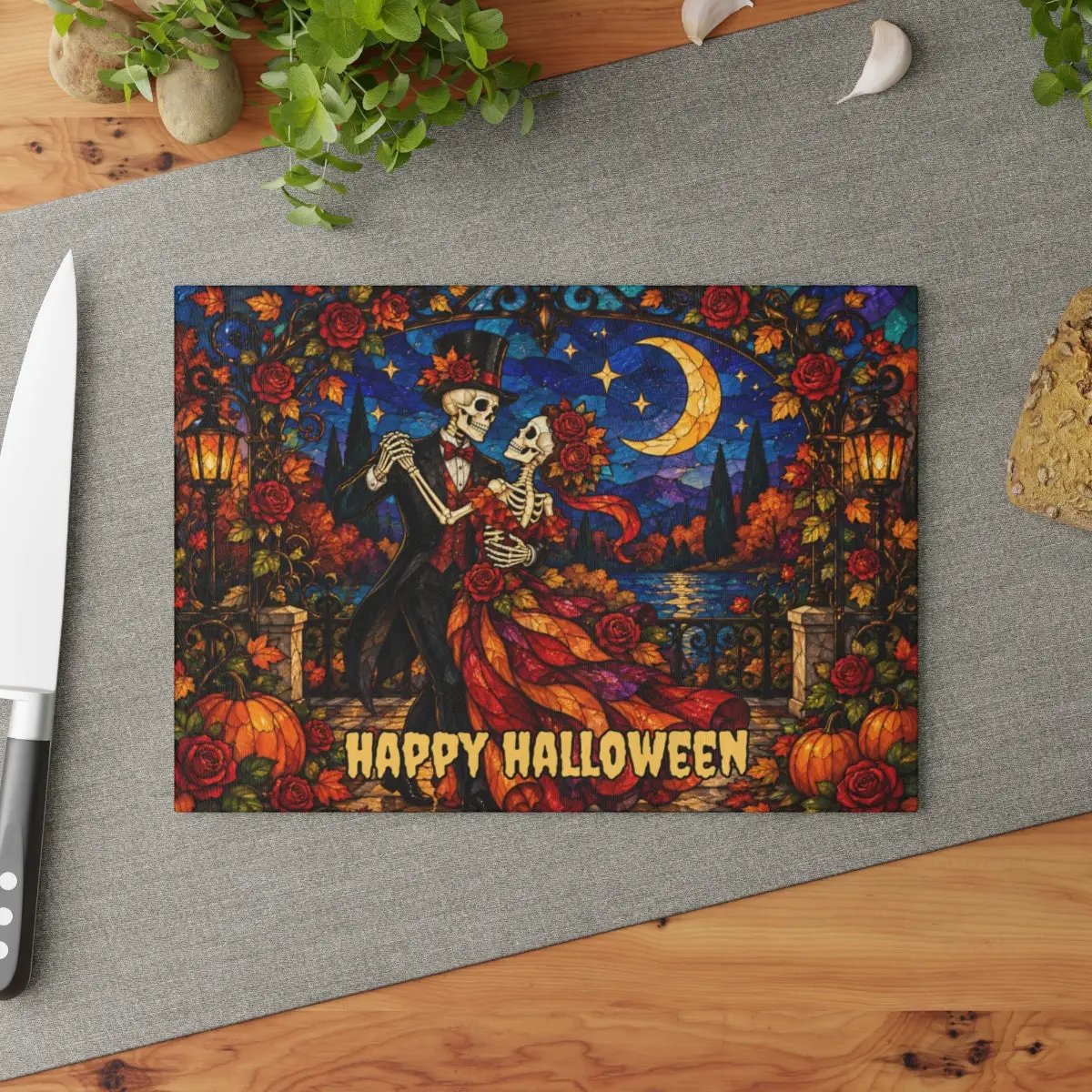 Halloween Skeleton Dancing Couple Personalized Glass Cutting Board, Gothic Romance Kitchen Decor