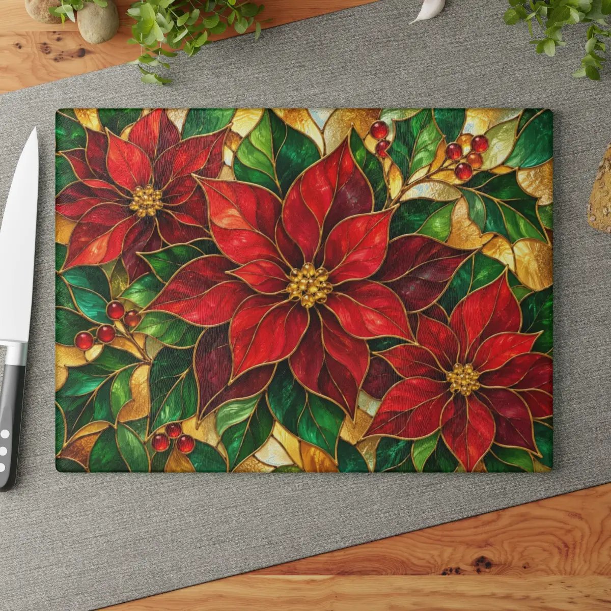 Christmas Poinsettia Glass Cutting Board, Holiday Kitchen Decor, Red Poinsettias and Holly, Festive Chopping Board, Seasonal Gift Idea