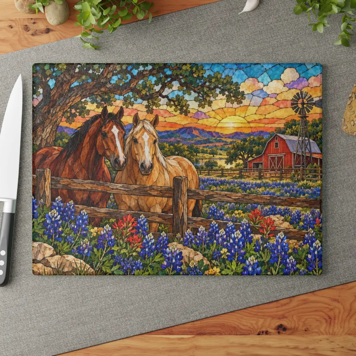 Bluebonnet Ranch Glass Cutting Board, Texas Horse Kitchen Decor, Bluebonnet Gift, Western Ranch Decor, Stained Glass Style Cutting Board