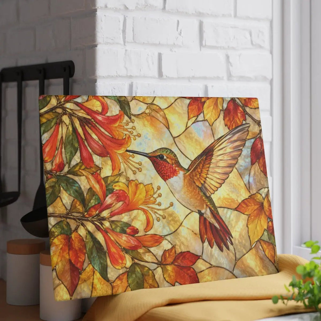 Hummingbird Cutting Board, Stained Glass Hummingbird Decor, Autumn Floral Kitchen Decor, Bird Lover Gift, Fall Hostess Gift