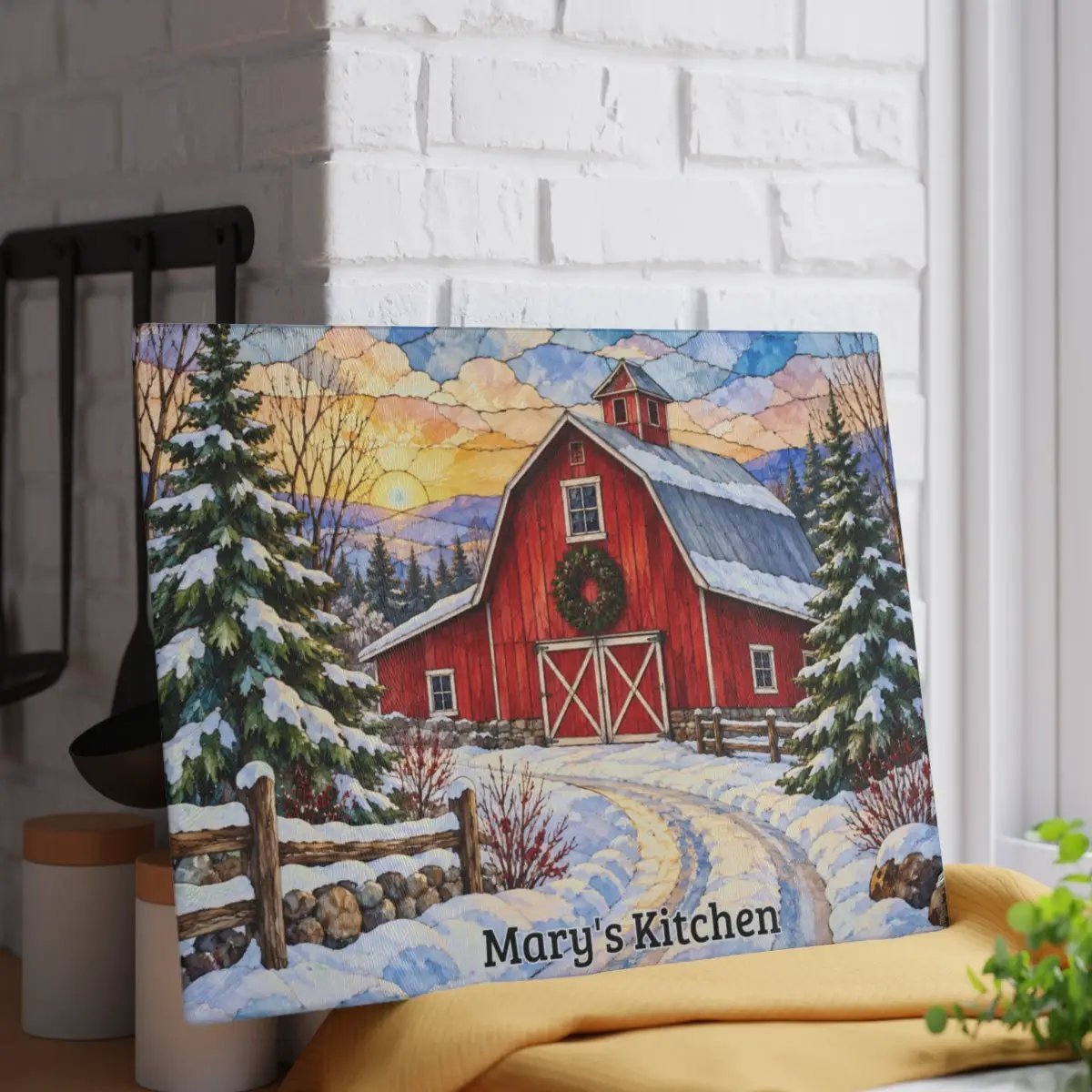 Winter Red Barn Glass Cutting Board, Snowy Country Road Farmhouse Kitchen Decor, Rustic Christmas Barn Gift