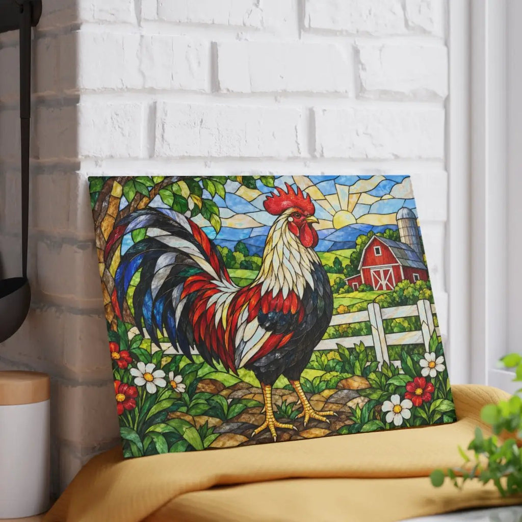 Rooster Glass Cutting Board, Red Barn Farmhouse Kitchen Decor, Country Rooster Art, Stained Glass Farm Decor, Rustic Kitchen Gift