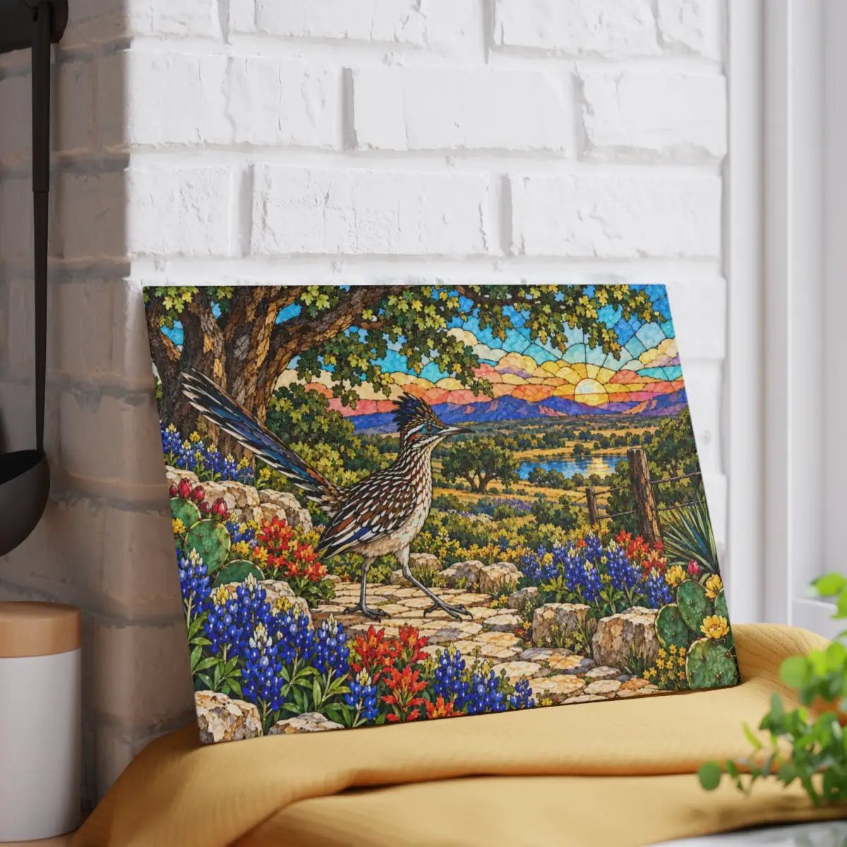 Texas Roadrunner Glass Cutting Board, Bluebonnet Kitchen Decor, Texas Wildflower Gift, Southwestern Kitchen Decor, Stained Glass Style