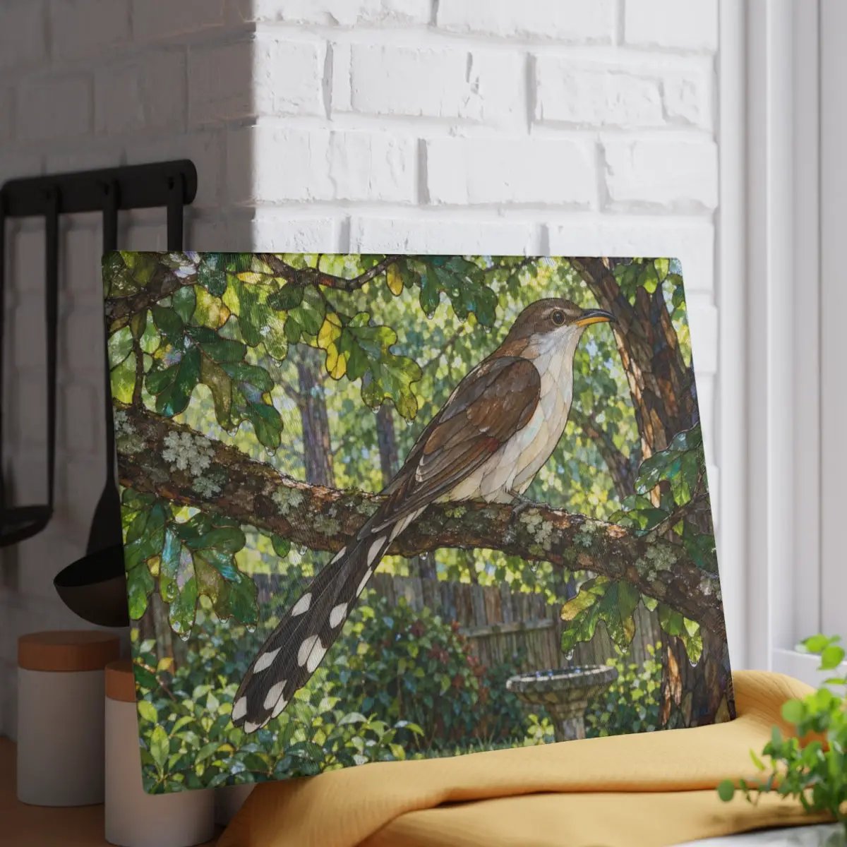 Yellow Billed Cuckoo Glass Cutting Board, Backyard Bird Kitchen Decor, Birdwatcher Gift, Bird Lover Gift, Woodland Serving Board