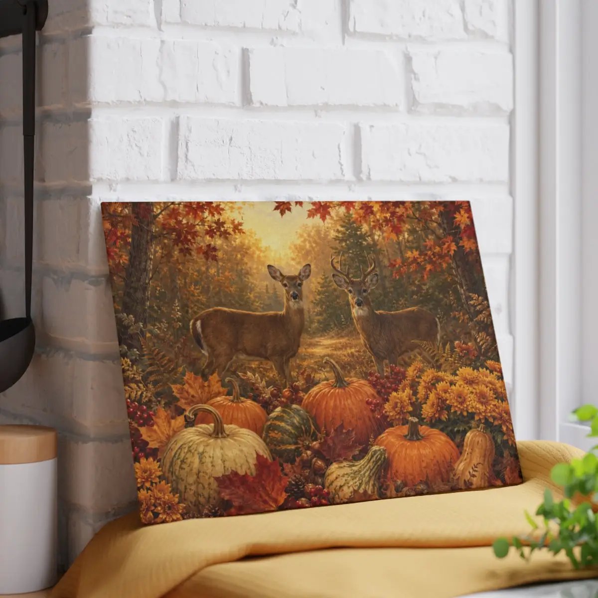 Deer Fall Glass Cutting Board, Rustic Woodland Kitchen Decor, Autumn Pumpkin Cutting Board, Hunter Cabin Gift