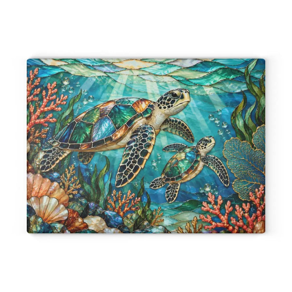 Sea Turtle Cutting Board, Ocean Kitchen Decor, Marine Life Glass Chopping Board, Coastal Sea Turtle Gift, Coral Reef Kitchen Art Piece