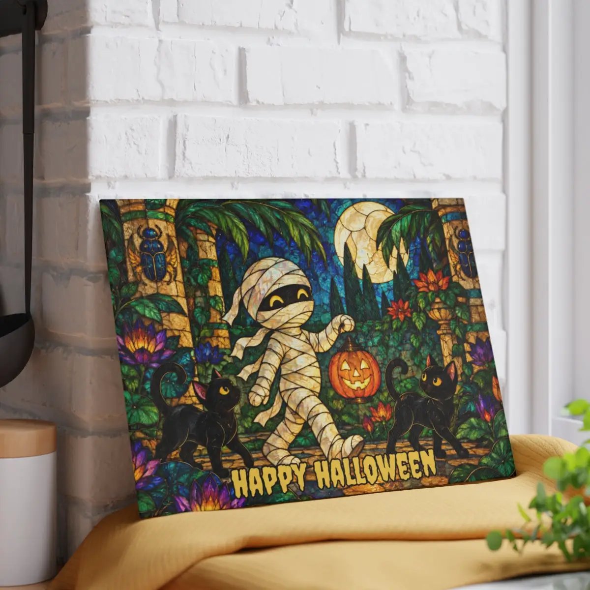 Halloween Mummy Personalized Glass Cutting Board, Spooky Kitchen Decor