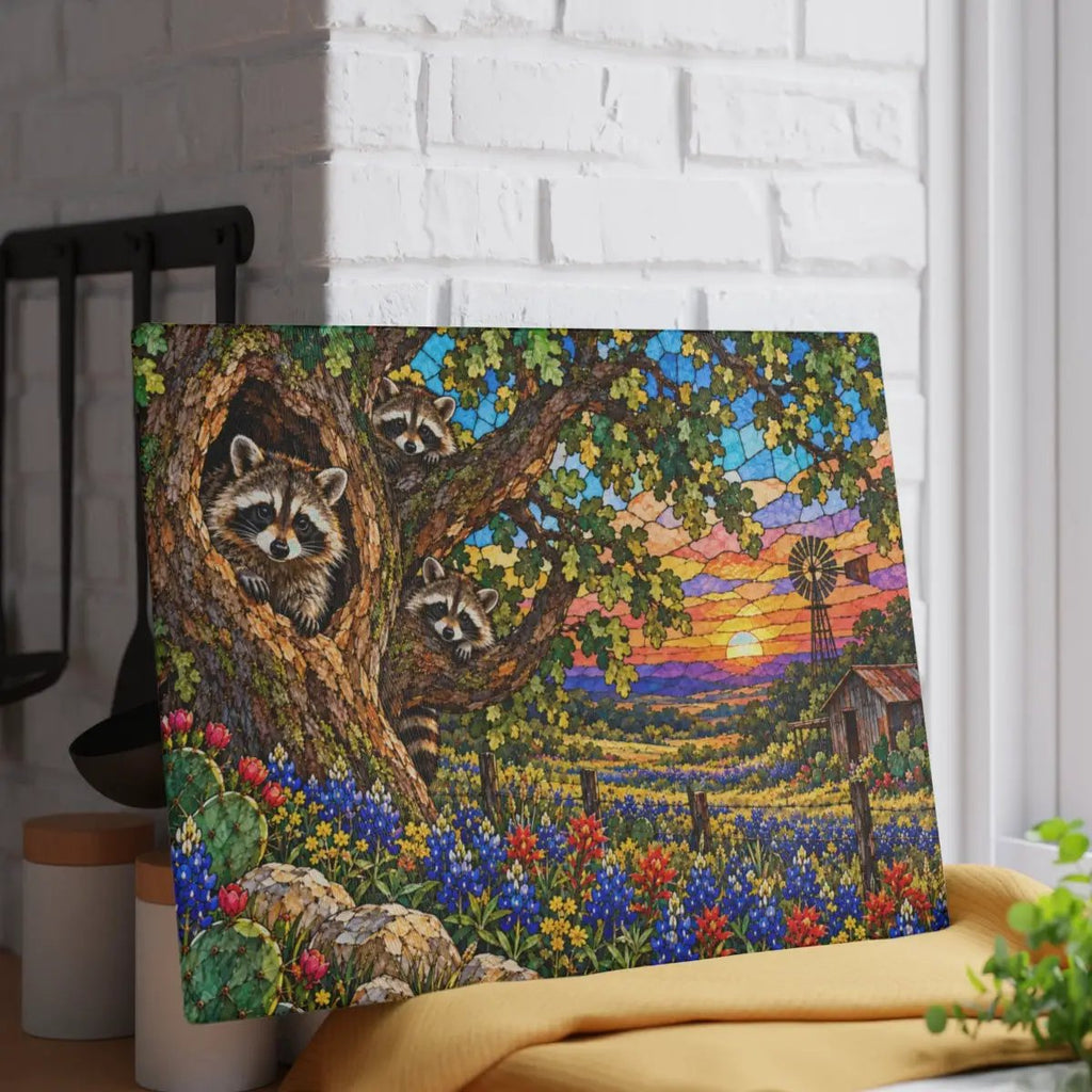 Raccoon Family Glass Cutting Board, Raccoon Lover Gift, Texas Bluebonnet Kitchen Decor, Country Wildlife Cutting Board, Rustic Farmhouse Gift