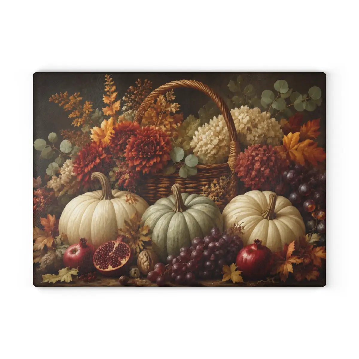 White Pumpkin Glass Cutting Board, Elegant Fall Kitchen Decor, Autumn Floral Cutting Board, Thanksgiving Hostess Gift