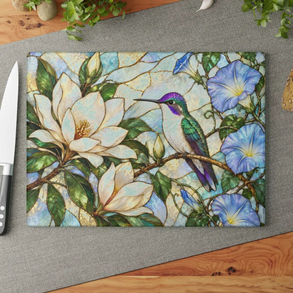 Hummingbird Cutting Board, Stained Glass Bird Decor, Magnolia Flower Kitchen Decor, Morning Glory Gift, Nature Lover Gift