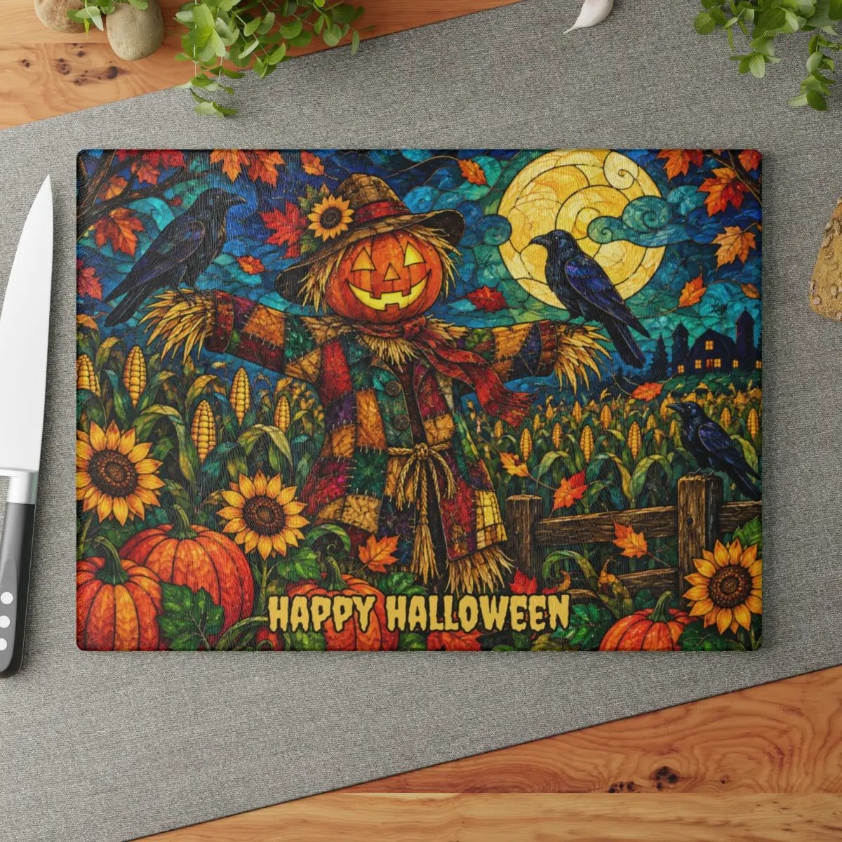 Halloween Scarecrow Personalized Glass Cutting Board, Spooky Pumpkin Kitchen Decor