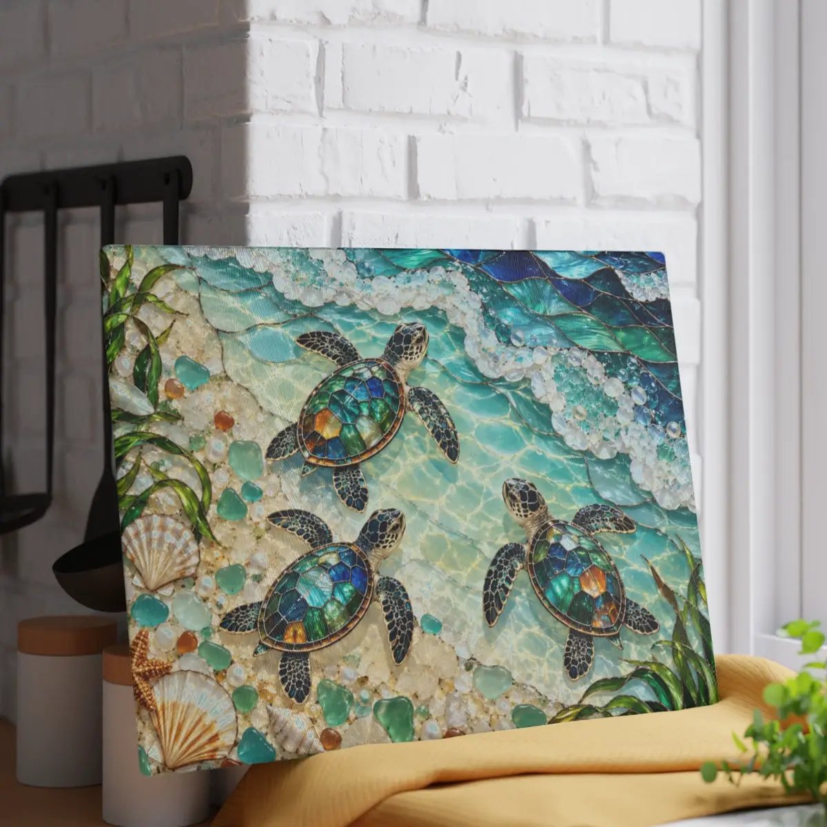 Sea Turtle Hatchlings Cutting Board, Coastal Kitchen Decor, Ocean Beach House Gift, Tempered Glass Chopping Board, Marine Life Kitchen Accent