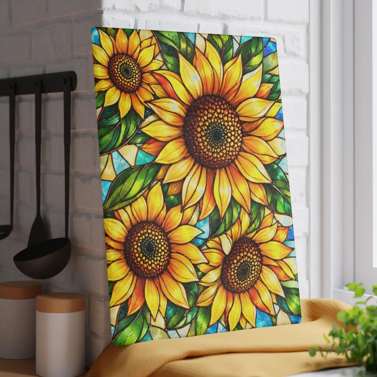 Sunflower Glass Cutting Board, Bold Floral Kitchen Decor, Stained Glass Sunflower Art, Yellow Flower Cutting Board, Sunflower Lover Gift
