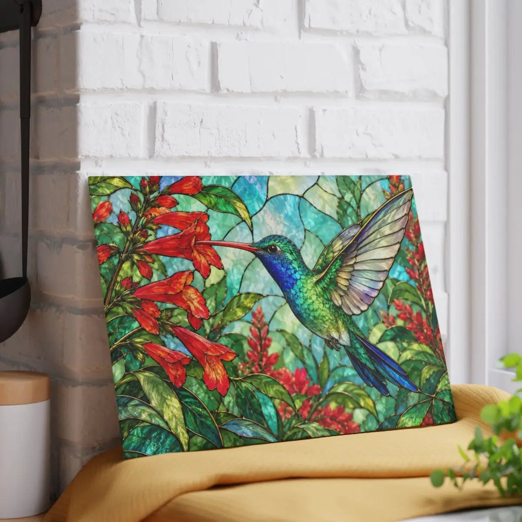 Hummingbird Cutting Board, Stained Glass Hummingbird Decor, Red Flower Kitchen Decor, Bird Lover Gift, Nature Inspired Gift