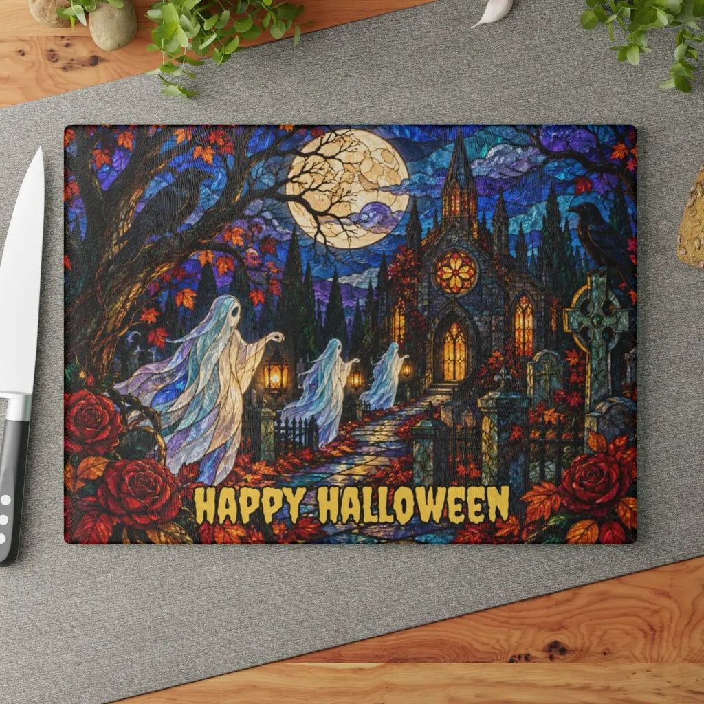 Halloween Ghost Personalized Glass Cutting Board, Haunted Graveyard Kitchen Decor