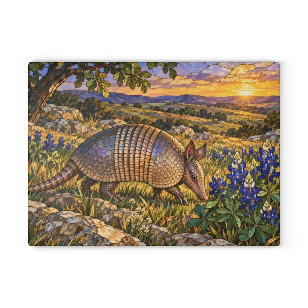 Texas Armadillo Glass Cutting Board, Bluebonnet Kitchen Decor, Wildlife Chopping Board, Southwestern Countryside Kitchen Gift, 2 Sizes