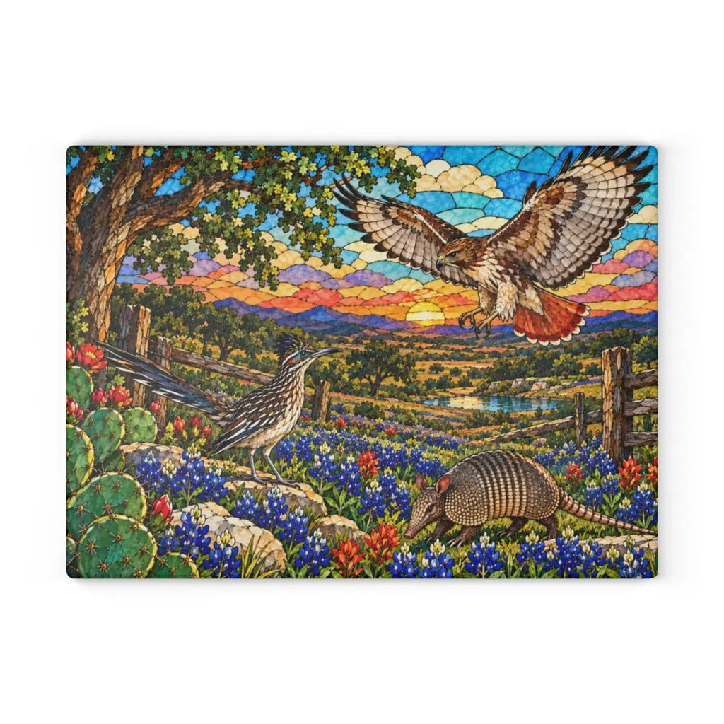 Texas Wildlife Glass Cutting Board, Roadrunner, Armadillo, Hawk Art, Bluebonnet Kitchen Decor, Hill Country Gift, Texas Wildlife Decor