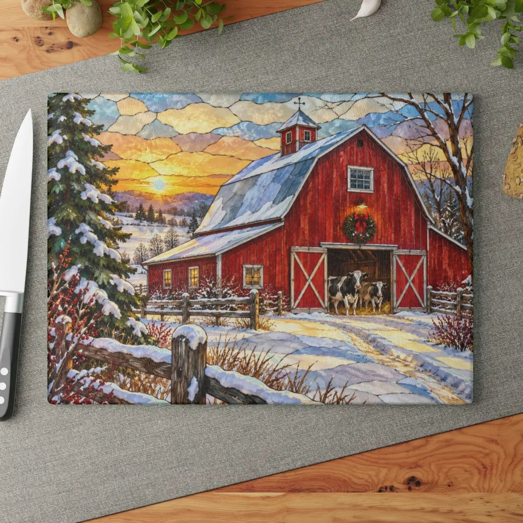 Personalized Winter Barn Cutting Board, Country Farmhouse Kitchen Decor, Stained Glass Farm Scene, Rustic Christmas Gift, Custom Family Gift