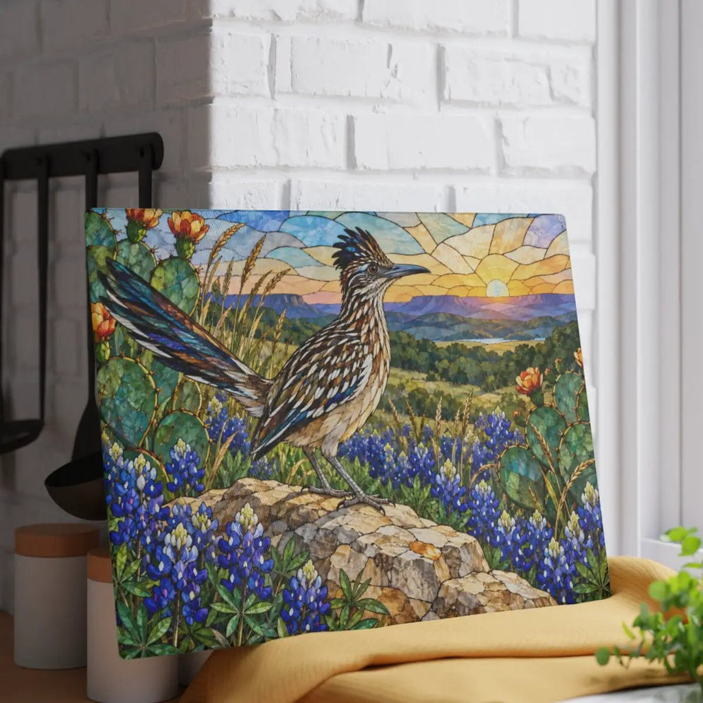 Roadrunner Glass Cutting Board, Southwestern Bird Kitchen Decor, Wildflower Landscape Chopping Board, Nature Lover Gift, Birdwatcher Gift