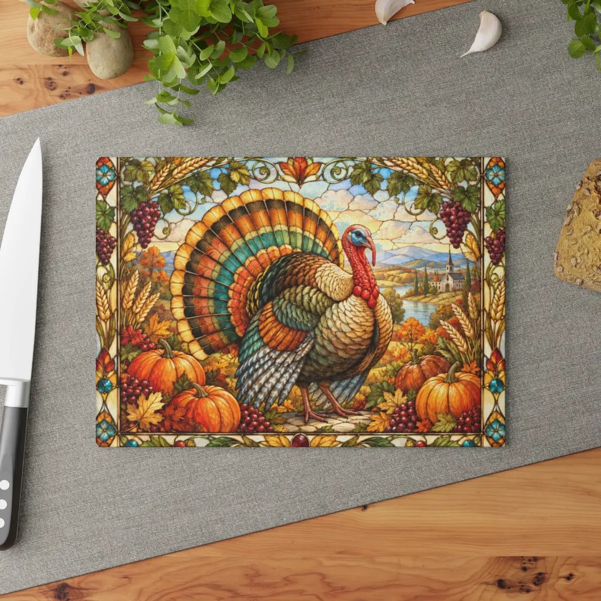 Thanksgiving Turkey Glass Cutting Board, Stained Glass Harvest Kitchen Decor, Fall Turkey Chopping Board, Country Thanksgiving Gift