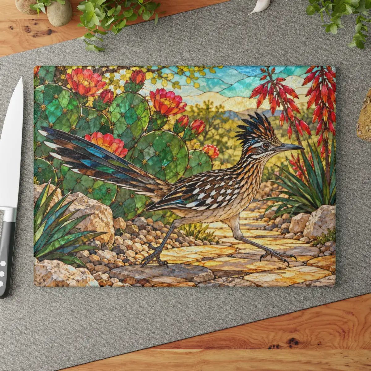 Roadrunner Glass Cutting Board, Desert Bird Kitchen Decor, Southwestern Cactus Chopping Board, Wildlife Lover Gift, Kitchen Counter Accent