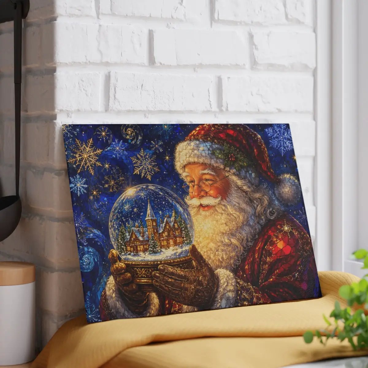 Santa Snow Globe Glass Cutting Board, Stained Glass Christmas Decor, Santa Claus Kitchen Gift, Holiday Serving Board, Christmas Gift